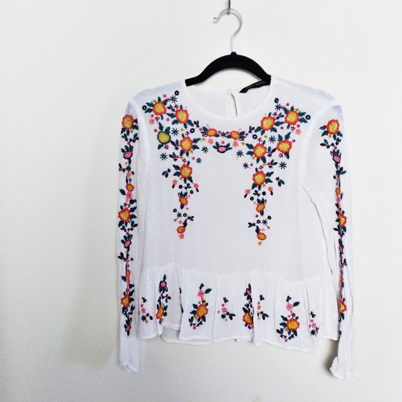 Zara Tops - Zara Semi Sheer Floral Embroidered Peplum Hem Boho Blouse Size Small